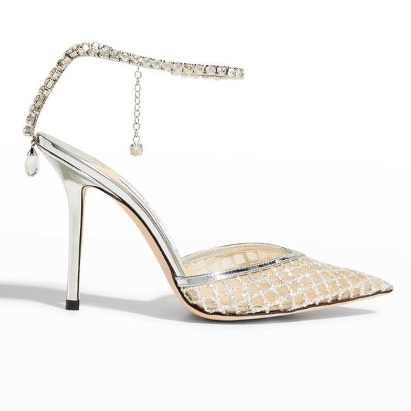 Jimmy Choo Saeda Glitter Crystal Ankle Strap Pumps - Picture 1 of 10